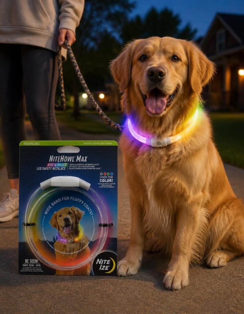 Golden retriever at dusk wearing a glowing rainbow NiteHowl Max LED safety necklace, packaging in front