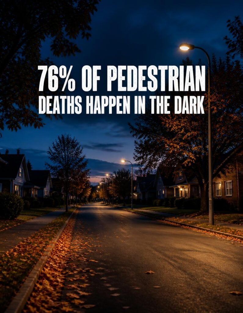 Dark suburban street at dusk with the statistic that 76 percent of pedestrian deaths happen in the dark