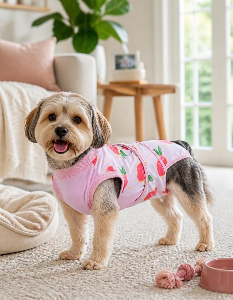 Small dog standing on a rug in a pink patterned Kuoser recovery suit covering its belly