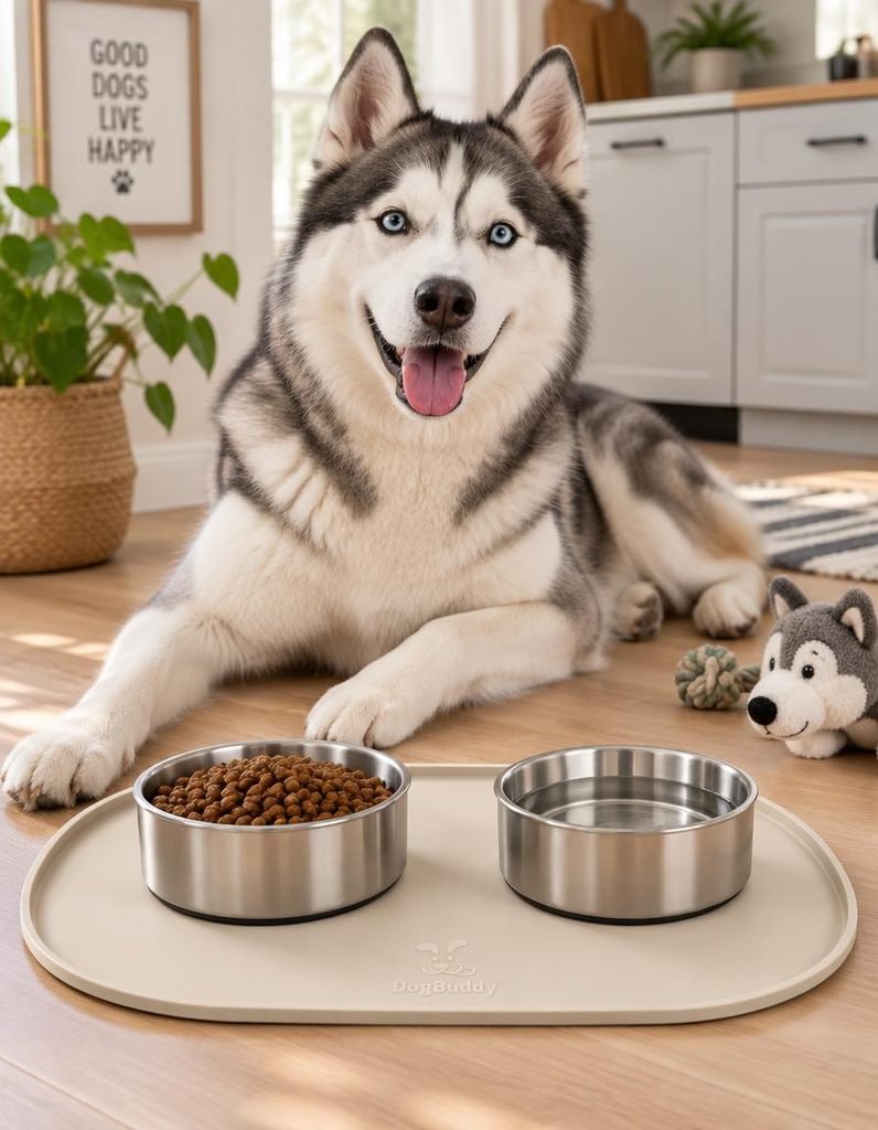 Husky lying behind a cream silicone dog food mat holding a kibble bowl and a water bowl