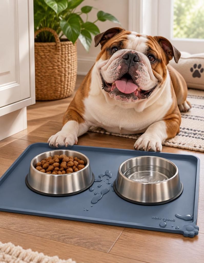 English bulldog lying behind a slate blue dog food mat with food and water bowls and splashed water
