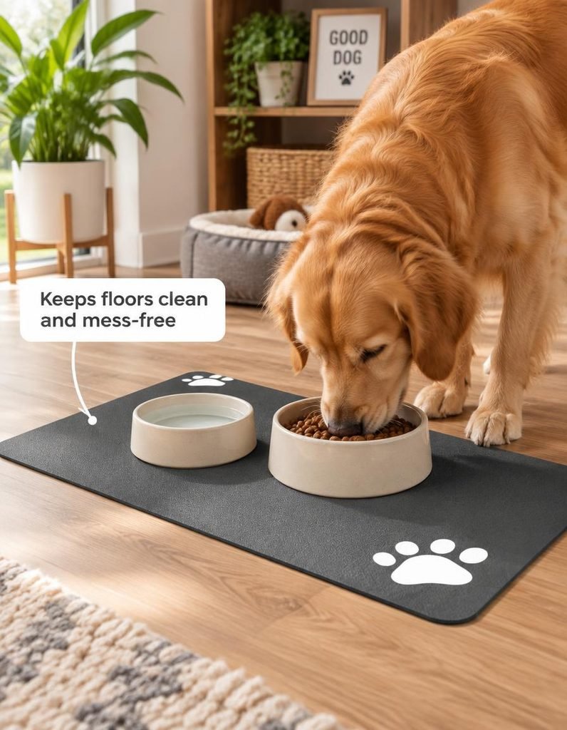 Golden retriever eating from a bowl on a dark grey absorbent dog food mat beside a water bowl
