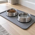 Grey silicone dog food mat with a raised edge holding a kibble bowl and a water bowl on a wooden floor