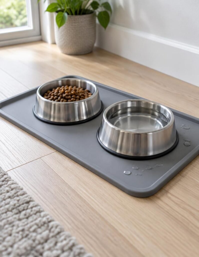 Grey silicone dog food mat with a raised edge holding a kibble bowl and a water bowl on a wooden floor