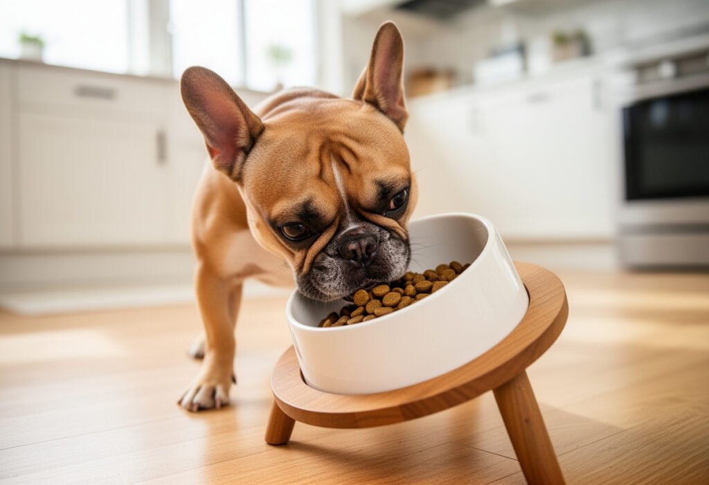 Fawn French bulldog eating kibble from a tilted white bowl on a low wooden stand
