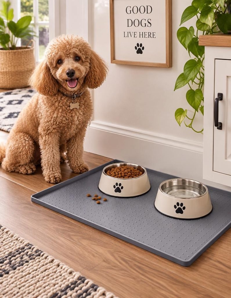 Poodle sitting beside a large grey dog food mat with paw-print bowls and a few scattered kibble pieces