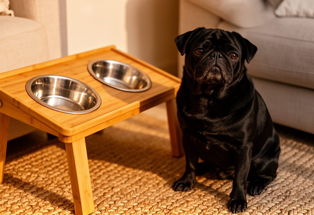 Black pug sitting beside a raised bamboo feeding station with two stainless steel bowls