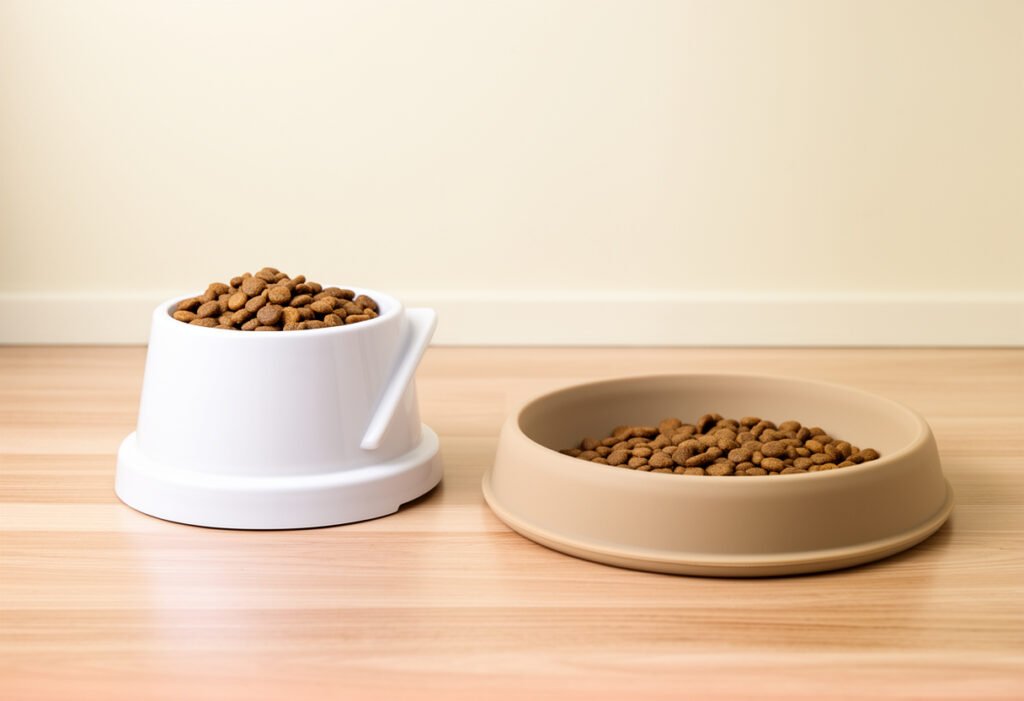 Slanted white pet bowl on a raised base next to a shallow silicone dog plate filled with kibble